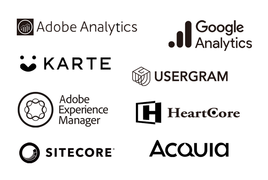 Adobe Analytics,Google Analytics,KARTE,USERGRAM,Adobe Experience Manager,HeartCore,SITECORE,Acquiaのロゴ